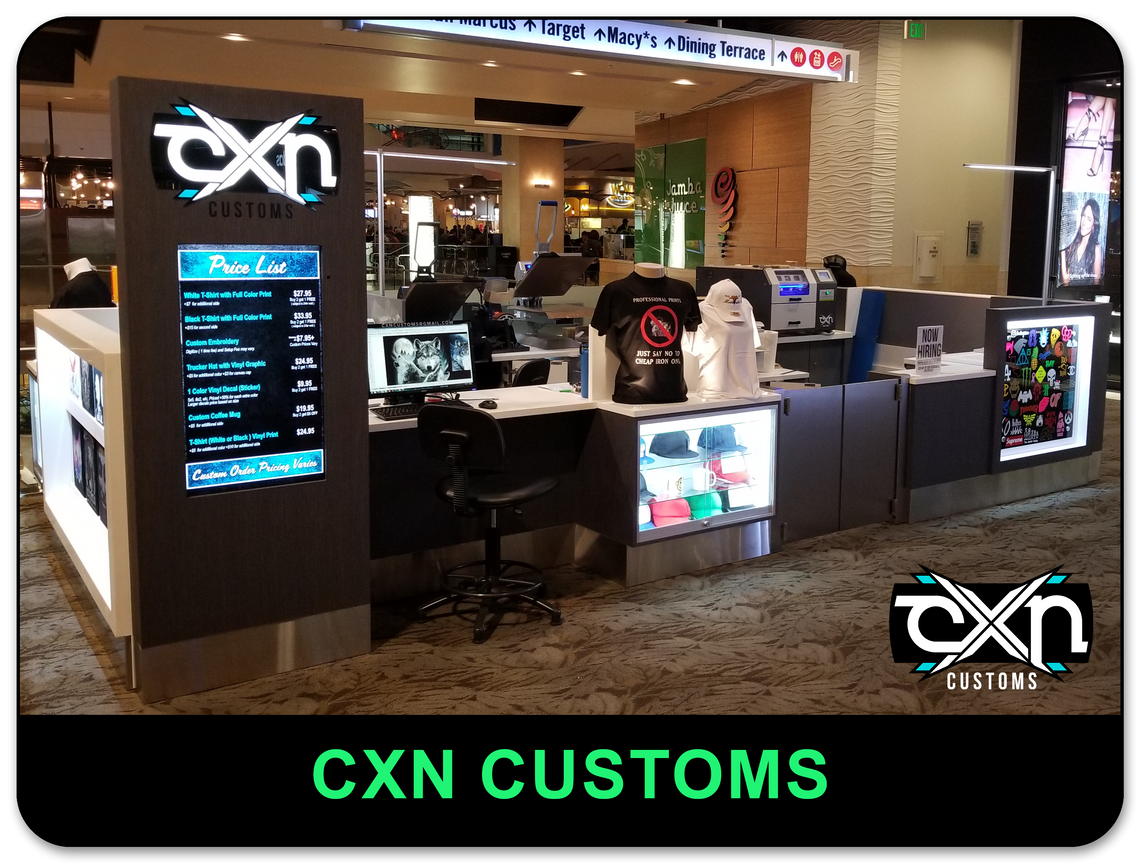 Mall Kiosk (2017 - 2023) - Customized thousands of products using DTG/Sublimation/Heat Press/Embroidery/Vinyl Cutting.